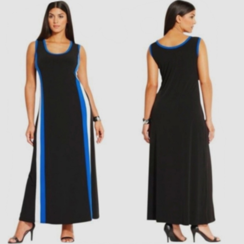 CALVIN KLEIN black maxi dress vertical striped colorblock sporty blue white 2X